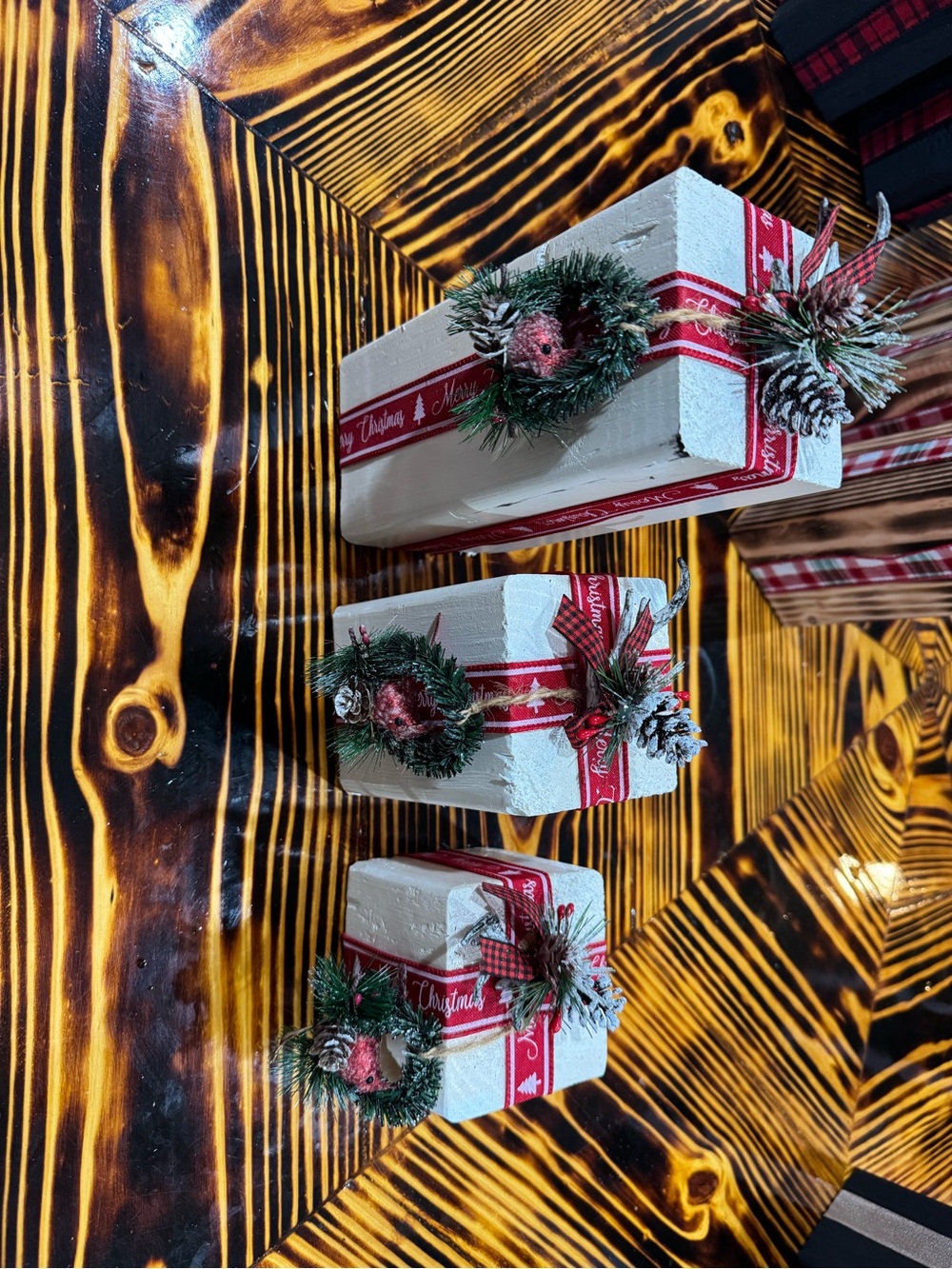 Rustic White Christmas Gift Box Set with Red Ribbon Accents
